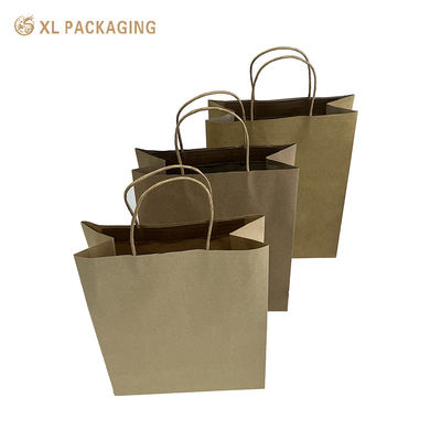주문 사용자 지정 로고 회전 된 Kraft 쇼핑 팩, 휘어진 종이 손잡이와 생분해성 물질 온라인 제조