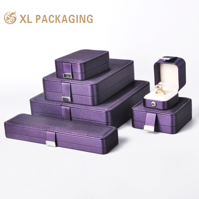주문 산업용 보석 세트 상자 사용자 지정 로고 인쇄 보라색 가죽 웨딩 보석 상자 online manufacture