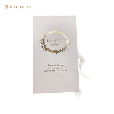 구입하다 Book Shape Perfume Gift Box with White Ribbon, Embossed & Hot Stamping Gold Luxury Fragrance Packaging Box 온라인 제조