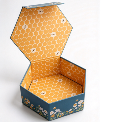 Hexagonal Rigid Gift Box Flap Lid Honey Chocolate Coffee Tea Packaging with Yellow Green Print
